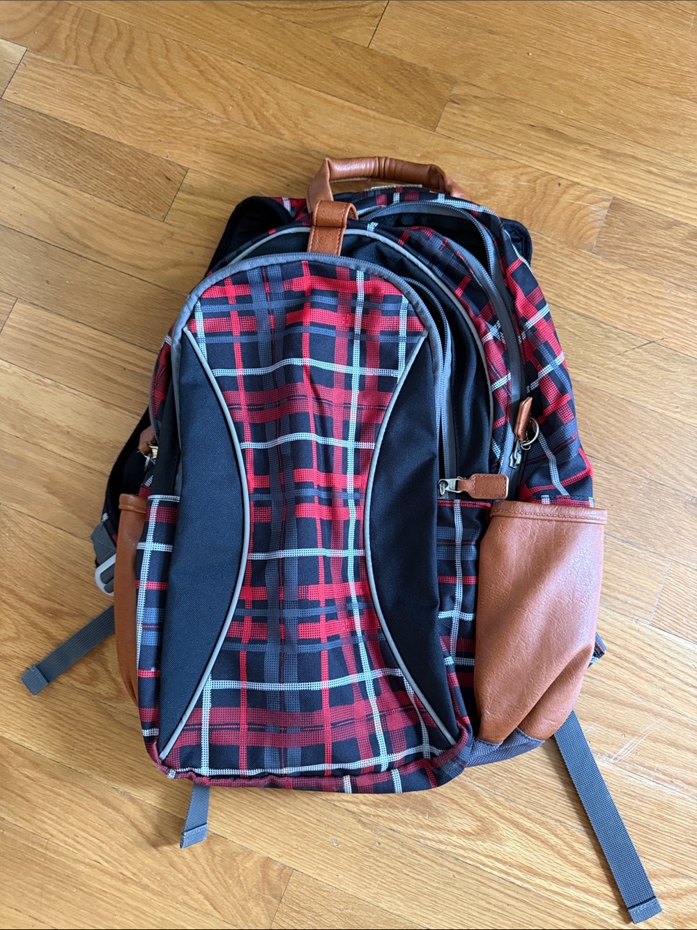 Garnet Hill Red Plaid Backpack with Brown Trim